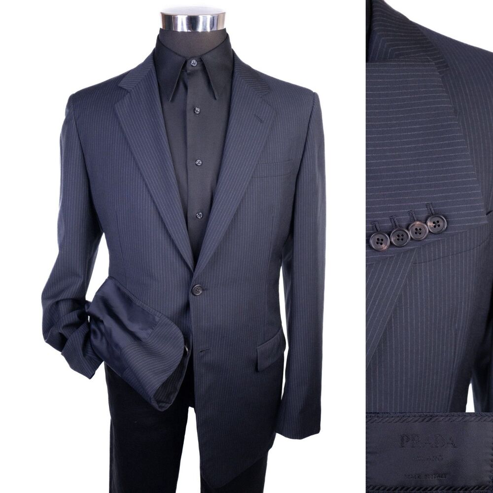 Prada Milano Blazer Two Button Jacket Size EU 52L US 42L Navy Stripped Wool